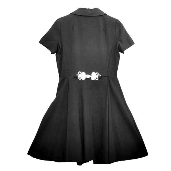 60s Black Dress Linen Wrap Soutache Ribbon Frog Buttons Union Label Size 8 - Picture 4 of 14